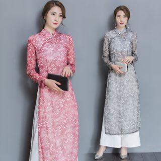 Set: Long-sleeve Printed Qipao + Wide Leg Pants