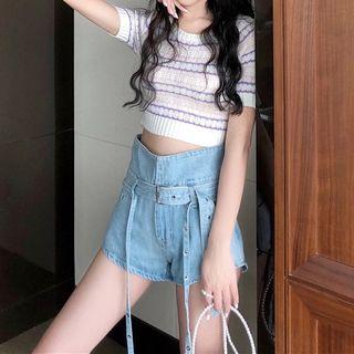Short-sleeve Striped Knit Top / Belted Denim Shorts