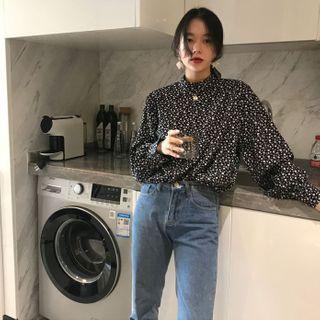 Puff-sleeve Floral Print Mock-neck Blouse Black - One Size