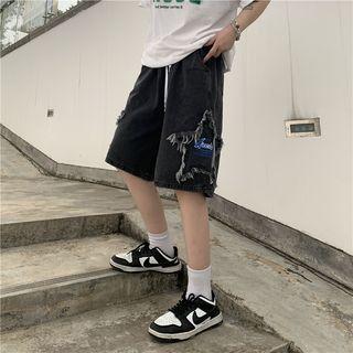 Drawstring Waist Washed Distressed Denim Shorts