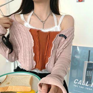 Color-block Long-sleeve Cropped Knit Top