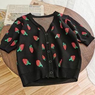Short-sleeve Strawberry Print Buttoned Knit Top Black - One Size