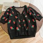 Short-sleeve Strawberry Print Buttoned Knit Top Black - One Size