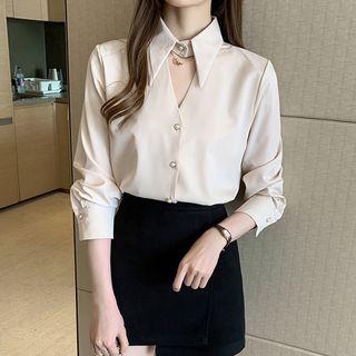 Keyhole Faux Pearl Buttoned Chiffon Shirt