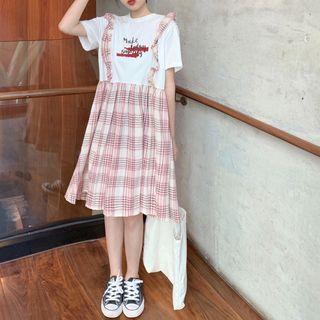 Short-sleeve Plaid Paneled A-line Dress