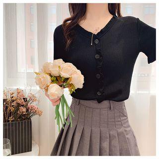 Short-sleeve V-neck Frill Trim Cardigan