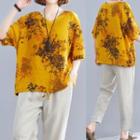 Elbow-sleeve Floral Print Linen T-shirt Curcumin - One Size