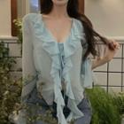 Bell-sleeve Ruffled Tie-front Blouse Blue - One Size