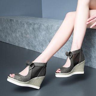 Peep Toe Bow Accent Glittered Wedge Sandals