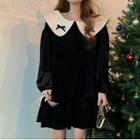 Long-sleeve Collared Velvet Dress Black - One Size