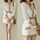 Set: Cropped Cardigan + Knit Mini Fitted Skirt Set Of 2 - Cardigan & Skirt - White - One Size