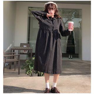 Long-sleeve Plaid Placket Midi Dress Black - One Size