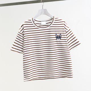 Dog Embroidered Striped Short-sleeve T-shirt
