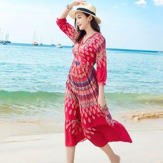 Patterned 3/4-sleeve Chiffon Midi Sundress