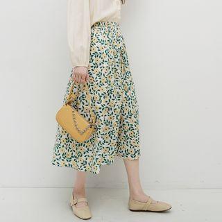 Floral Print Midi Skirt Yellow & Green Floral - White - One Size