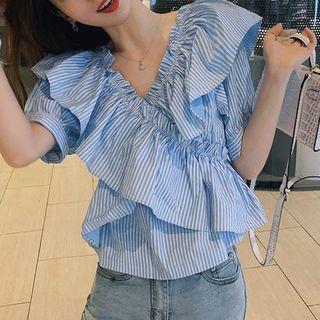 Striped Ruffle Trim Short-sleeve Cropped Blouse