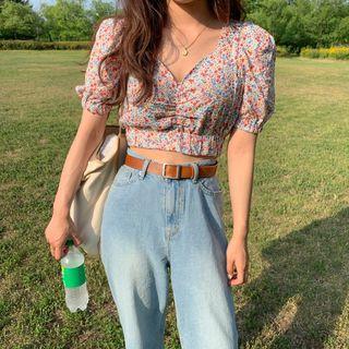 Short-sleeve Floral Crop Top As Shown In Figure - One Size