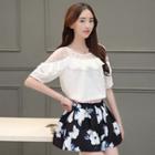 Set: Dotted Mesh Panel Ruffle Trim Short-sleeve Top + Floral Print A-line Skirt