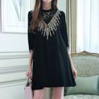 Lace Panel Embroidered 3/4-sleeve A-line Dress
