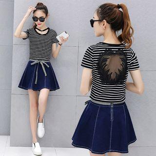 Short-sleeve Striped Tulle Panel Top