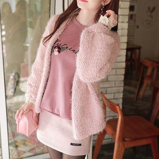 V-neck Bishop-sleeve Boucle-knit Cardigan