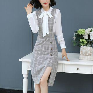 Set: Long-sleeve Bow Accent Blouse + Midi Plaid Pinafore Dress