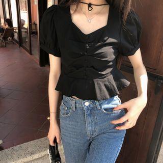 Short-sleeve Ruffled Top Black - One Size