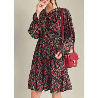 Tie-neck Ruffled Floral Midi Dress