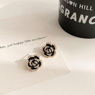 Rhinestone Rose Ear Stud 1 Pair - 925 Silver - Gold & Black - One Size