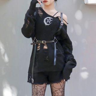 Star Print Distressed Sweater / Body Harness