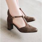Faux Leather Wing Tip T-strap Block Heel Shoes