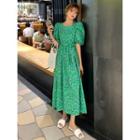 Floral Puff-sleeve Midi A-line Dress Green - One Size