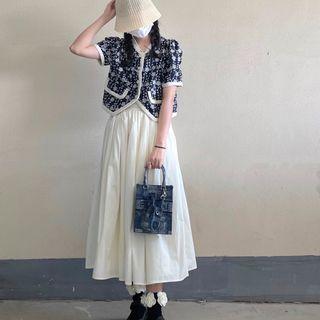 Short-sleeve Flower Embroidered Blouse / Midi A-line Skirt