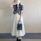 Short-sleeve Flower Embroidered Blouse / Midi A-line Skirt