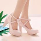 Bow Ankle Strap Chunky Heel Pumps