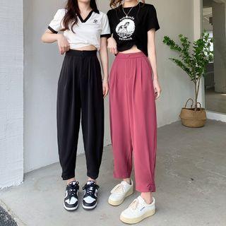 High-waist Plain Gathered Cuff Harem Pants