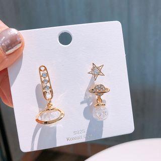 Non-matching Rhinestone Star & Planet Dangle Earring 1 Pair - As Shown In Figure - One Size