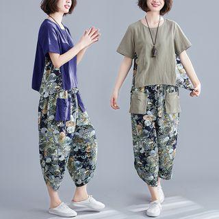 Set: Short-sleeve Print Panel T-shirt + Floral Print Harem Pants