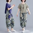 Set: Short-sleeve Print Panel T-shirt + Floral Print Harem Pants