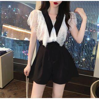 Color-block Collar Lace Top / Wide-leg Shorts