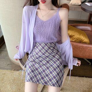 Crochet Knit Camisole / Plain Cardigan / Plaid Mini Pencil Skirt
