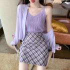 Crochet Knit Camisole / Plain Cardigan / Plaid Mini Pencil Skirt