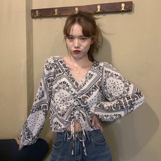 V-neck Paisley Print Drawstring Blouse