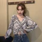V-neck Paisley Print Drawstring Blouse