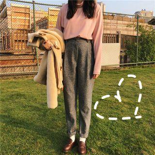 Mock-neck T-shirt / Faux Shearling Toggle Coat / Straight-leg Pants