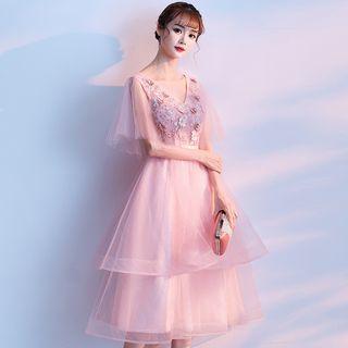 Short-sleeve Embroidered Midi Layered Cocktail Dress