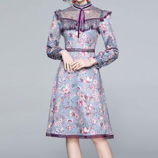 Long-sleeve Floral Print Mesh Panel A-line Dress