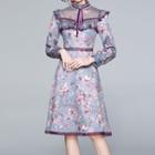 Long-sleeve Floral Print Mesh Panel A-line Dress