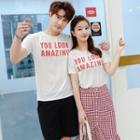 Women Set: Short-sleeve Lettering T-shirt + Plaid A-line Skirt / Men T-shirt