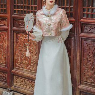 Set: Long-sleeve Midi A-line Qipao Dress + Elbow-sleeve Jacket